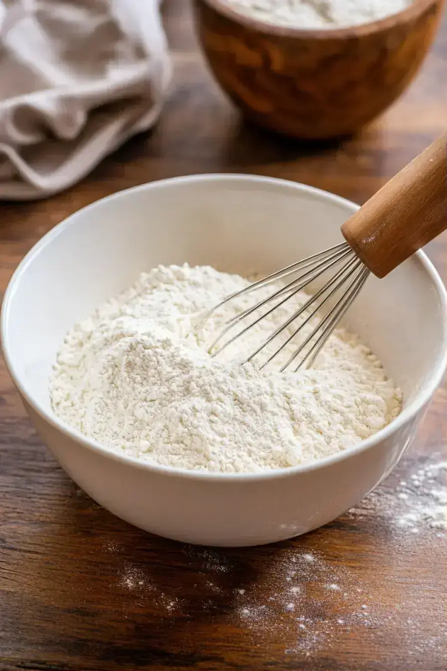 Whisking dry ingredients together in a bowl for a simple dairy free vanilla sponge