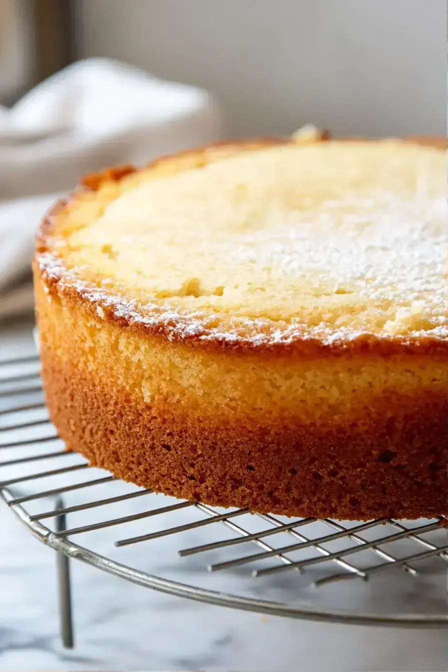 Beautifully served vegan vanilla cake slices with fresh berries and a dusting of powdered sugar