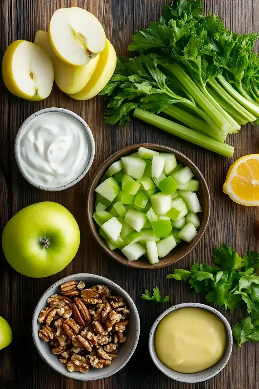 Fresh Waldorf Salad ingredients laid out on a wooden table