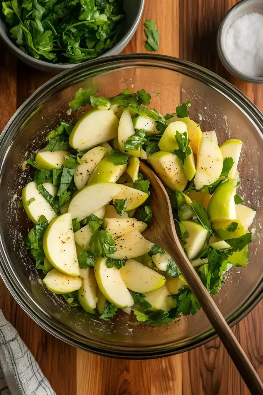 Scooping the final chilled Waldorf Salad onto a serving plate