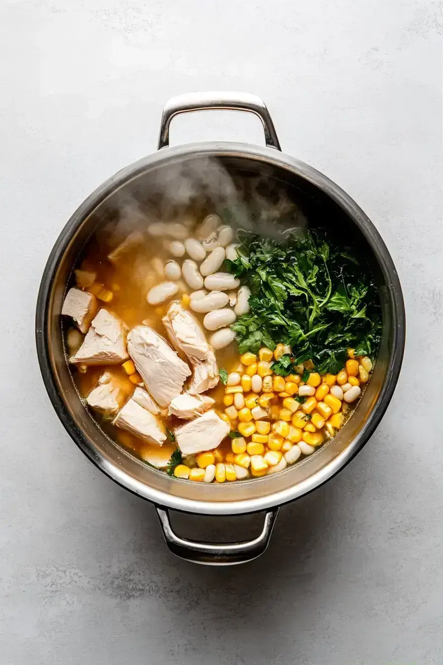 Serving a bowl of tender shredded chicken in creamy broth