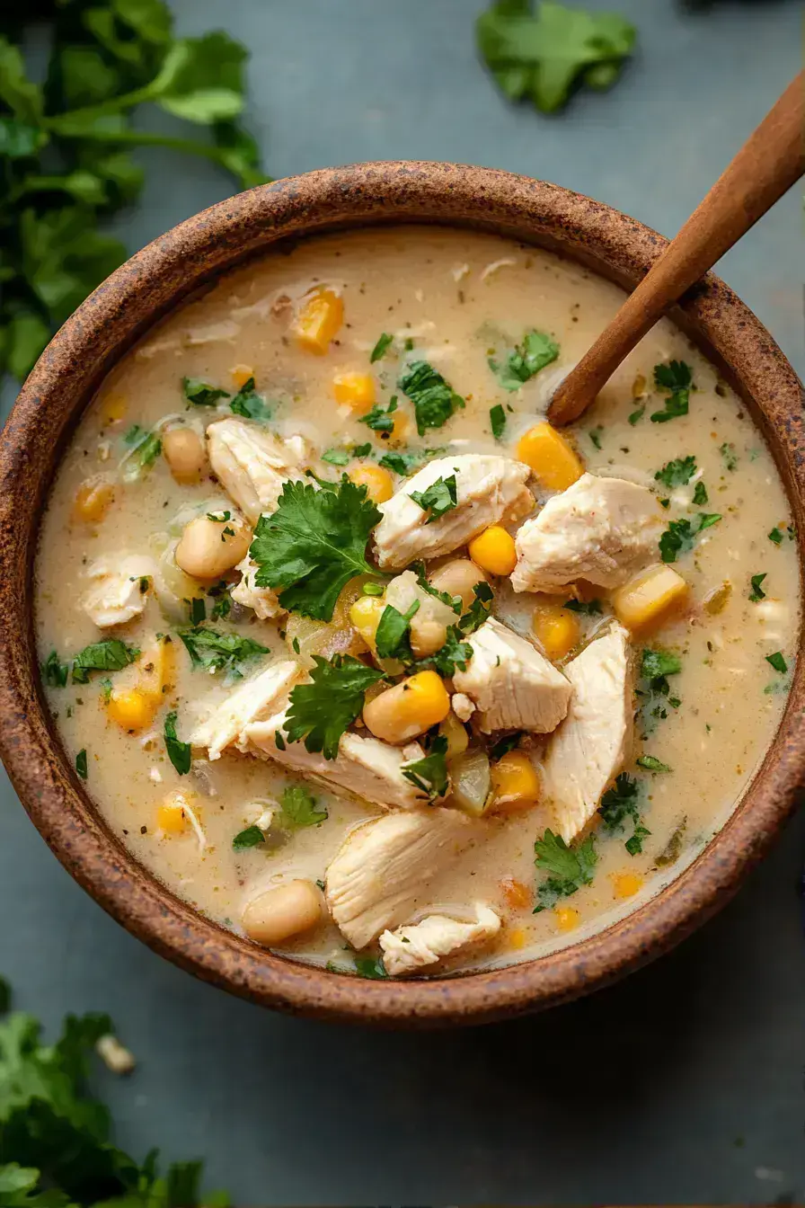 Topping bar setup with bowls of white chicken chili and fresh garnishes
