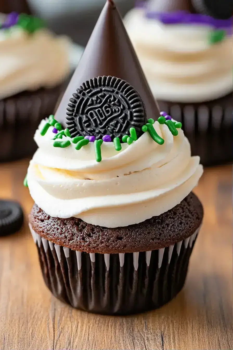 Witch Hat Cupcakes arranged on a festive Halloween platter with fall decorations