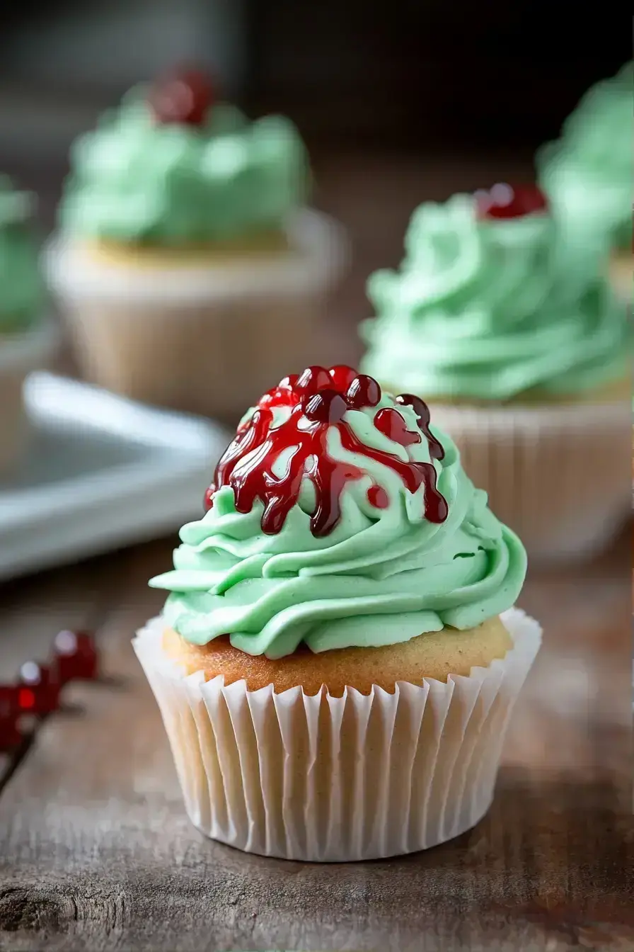Zombie Brain Explosion Cupcakes served on a festive platter at a Halloween party