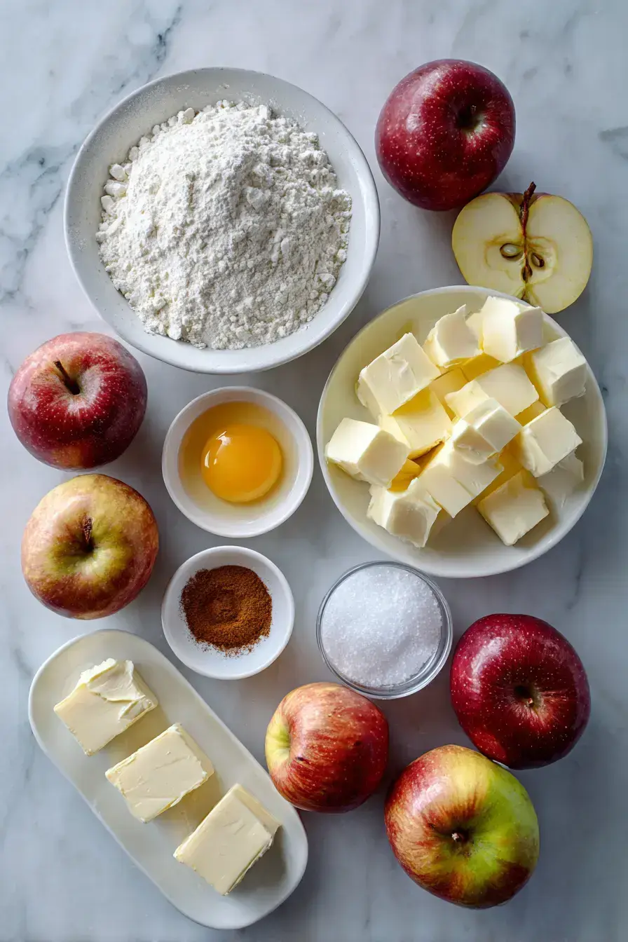 Ingredients for making a homemade Apple Galette arranged on a kitchen counter