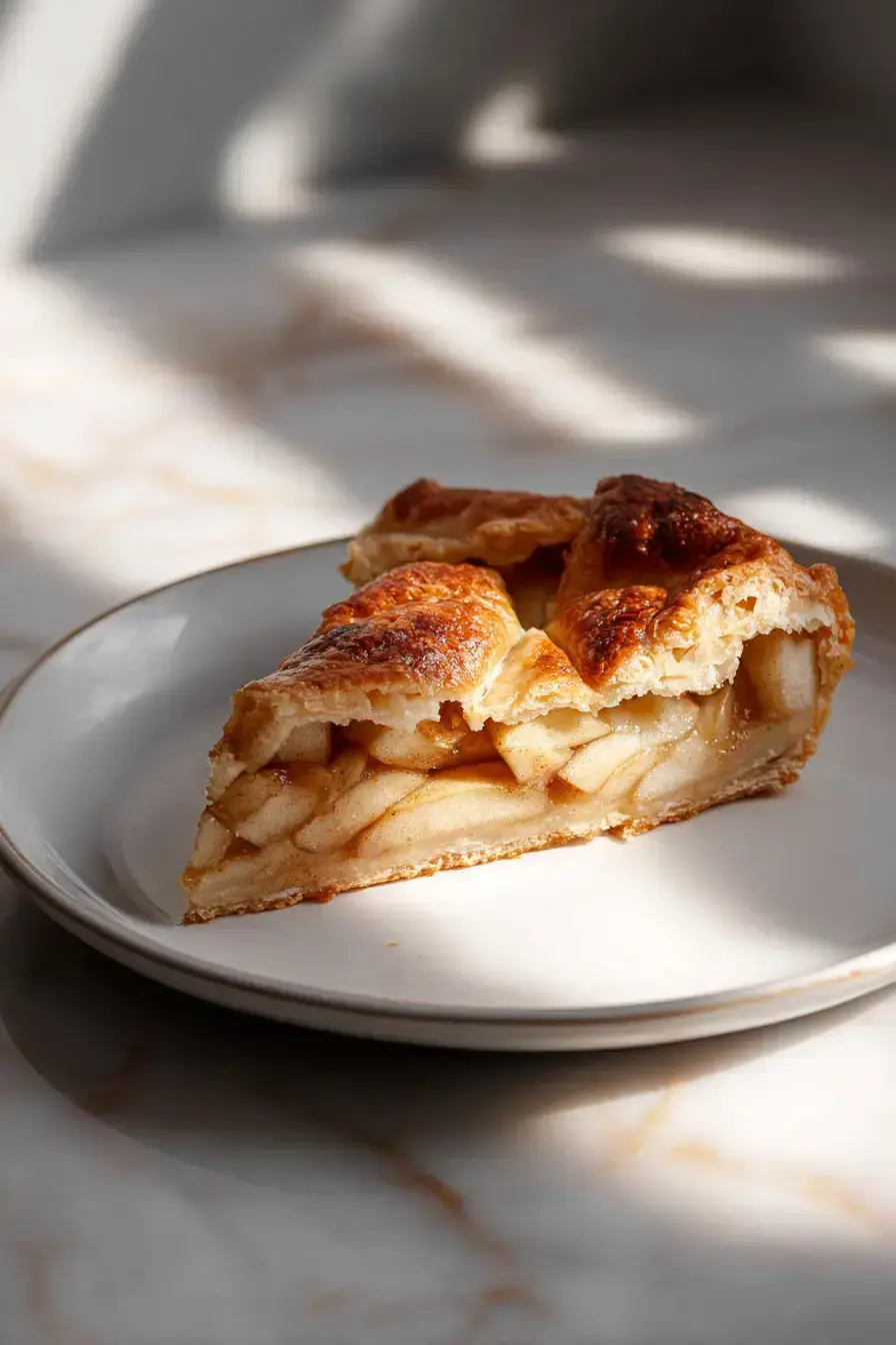 A beautifully served slice of Apple Galette with vanilla ice cream melting alongside