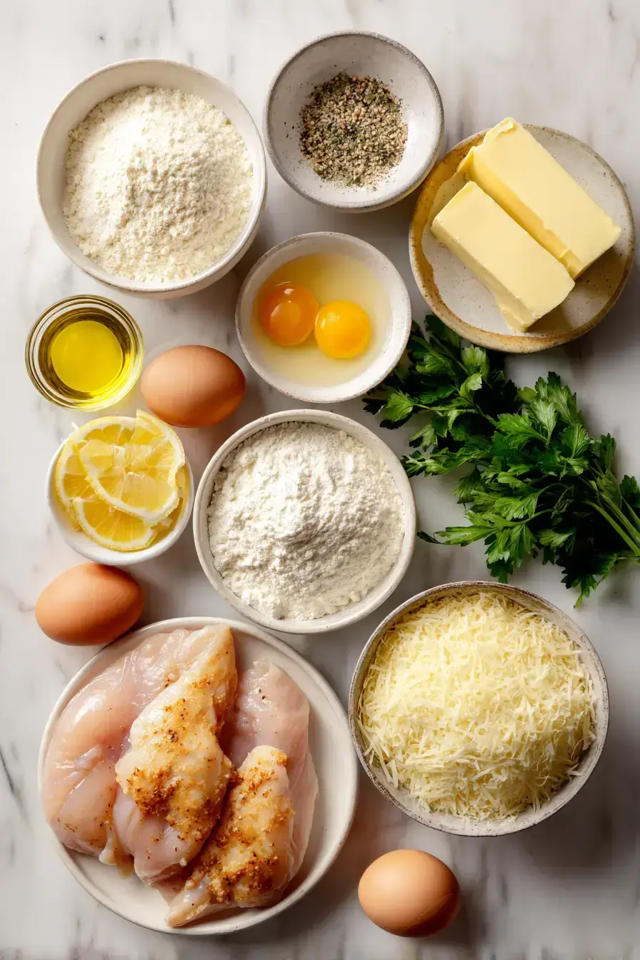 Ingredients for Authentic Italian Chicken Cutlets laid out for breading