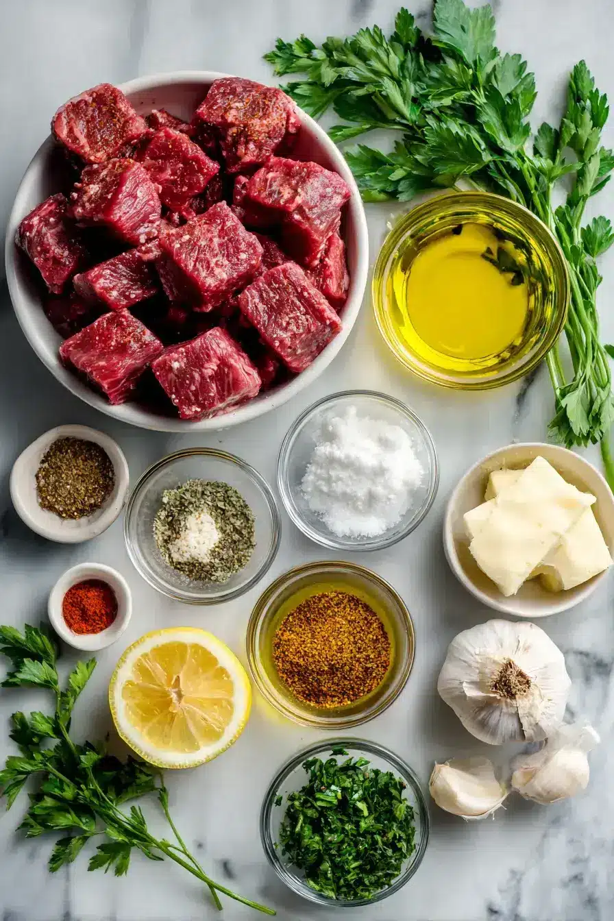 Ingredients for Cajun Butter Steak Bites laid out on a counter