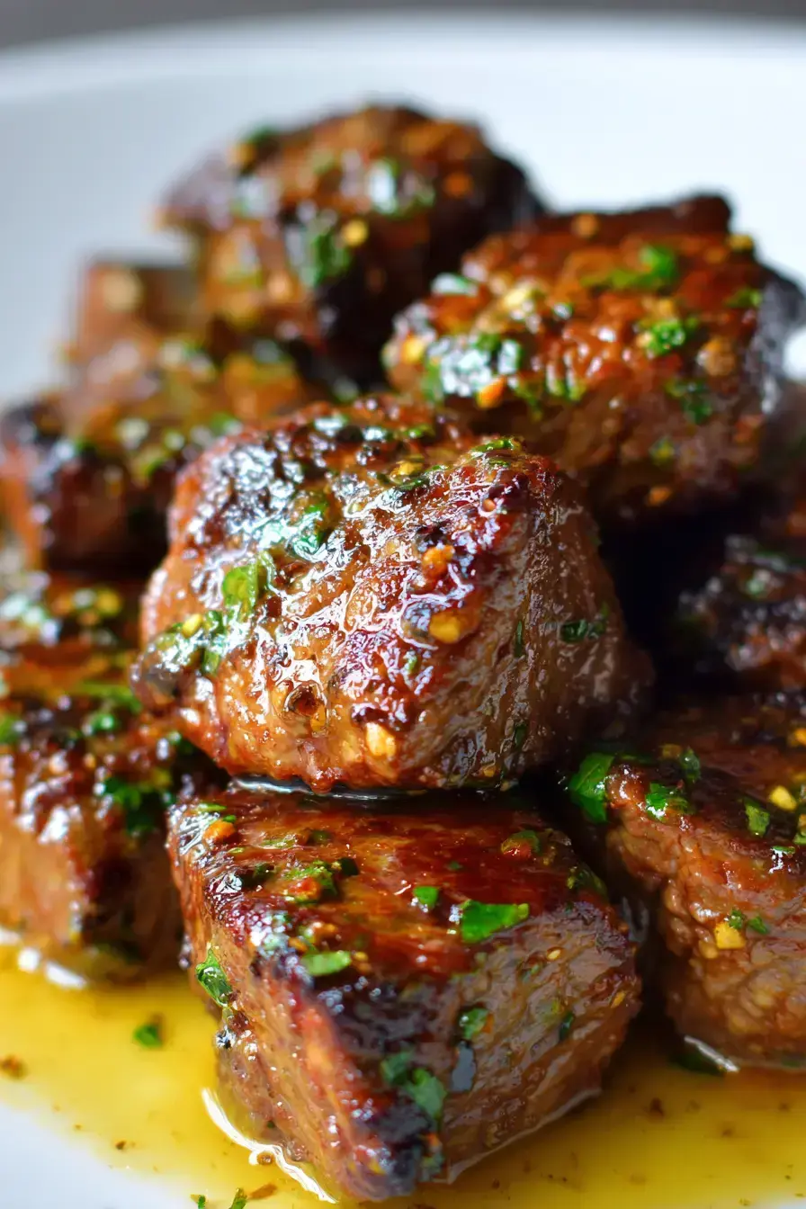 Cajun Butter Steak Bites served over creamy mashed potatoes with fresh parsley garnish
