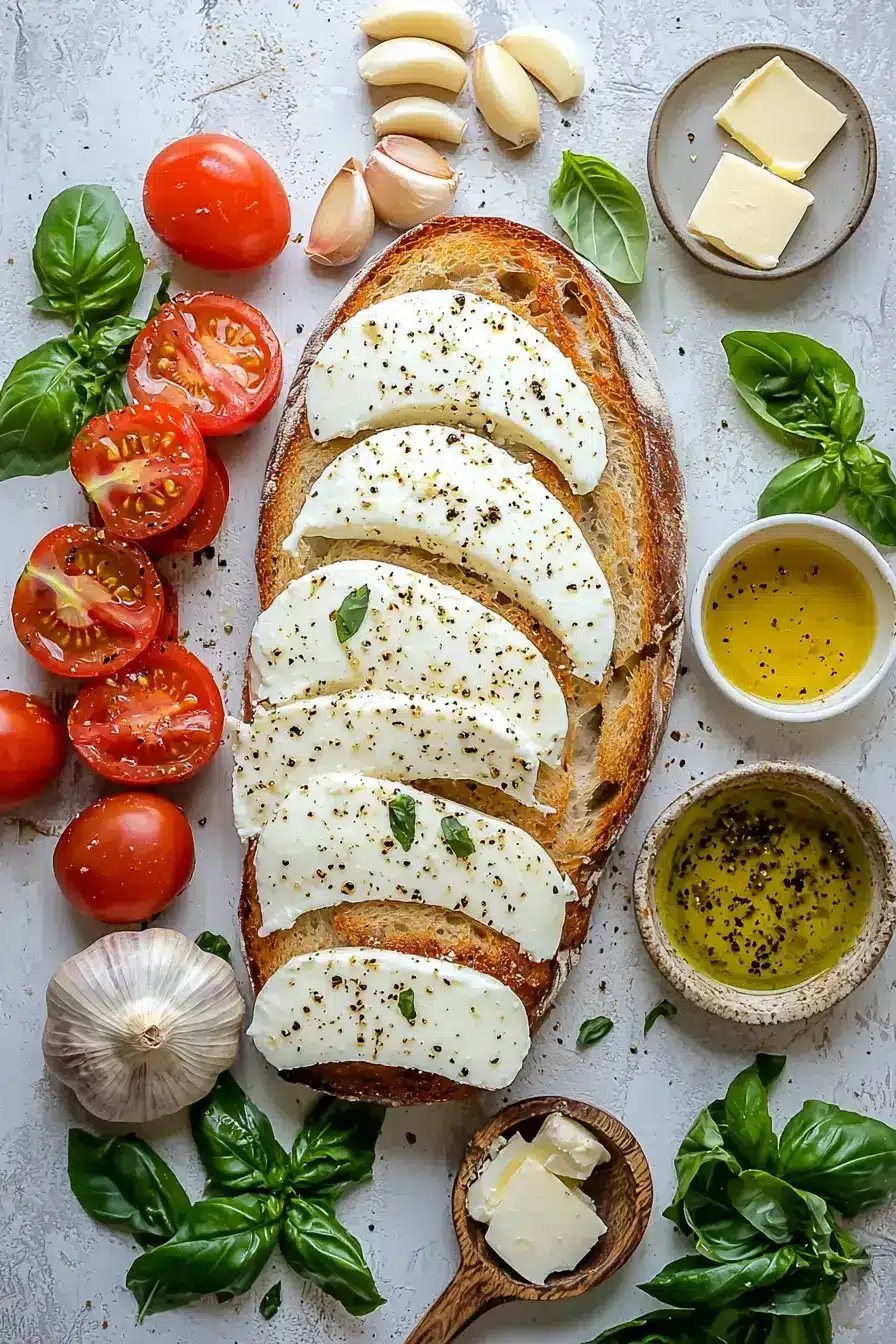 Caprese Garlic Bread ingredients laid out on a wooden table