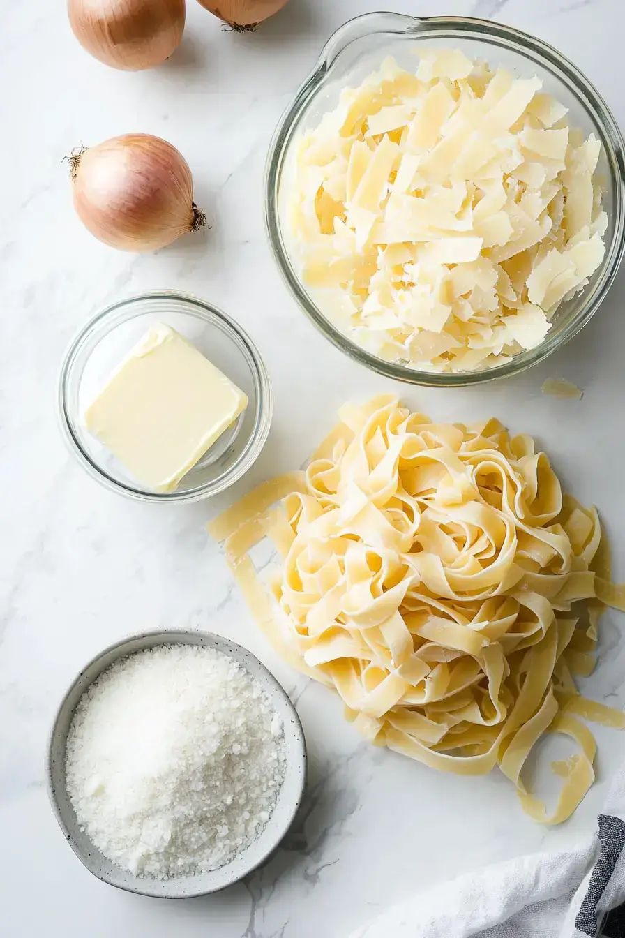 Fresh ingredients for caramelized onion pasta including onions, fettuccine, wine, and cheese