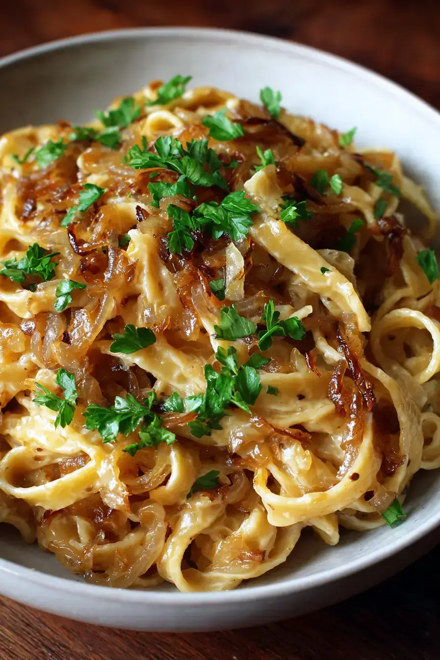 Beautifully plated caramelized onion pasta served with fresh parsley and grated parmesan cheese