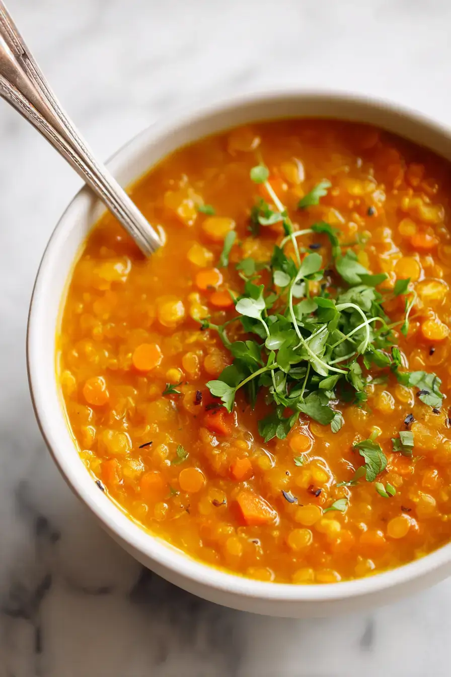 A warm bowl of homemade carrot lentil soup with parsley garnish