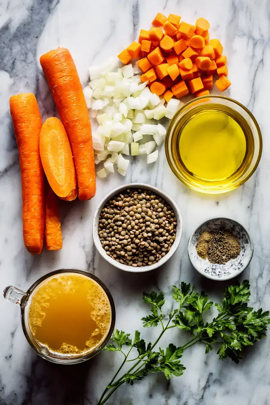 Fresh ingredients for carrot lentil soup on a wooden table