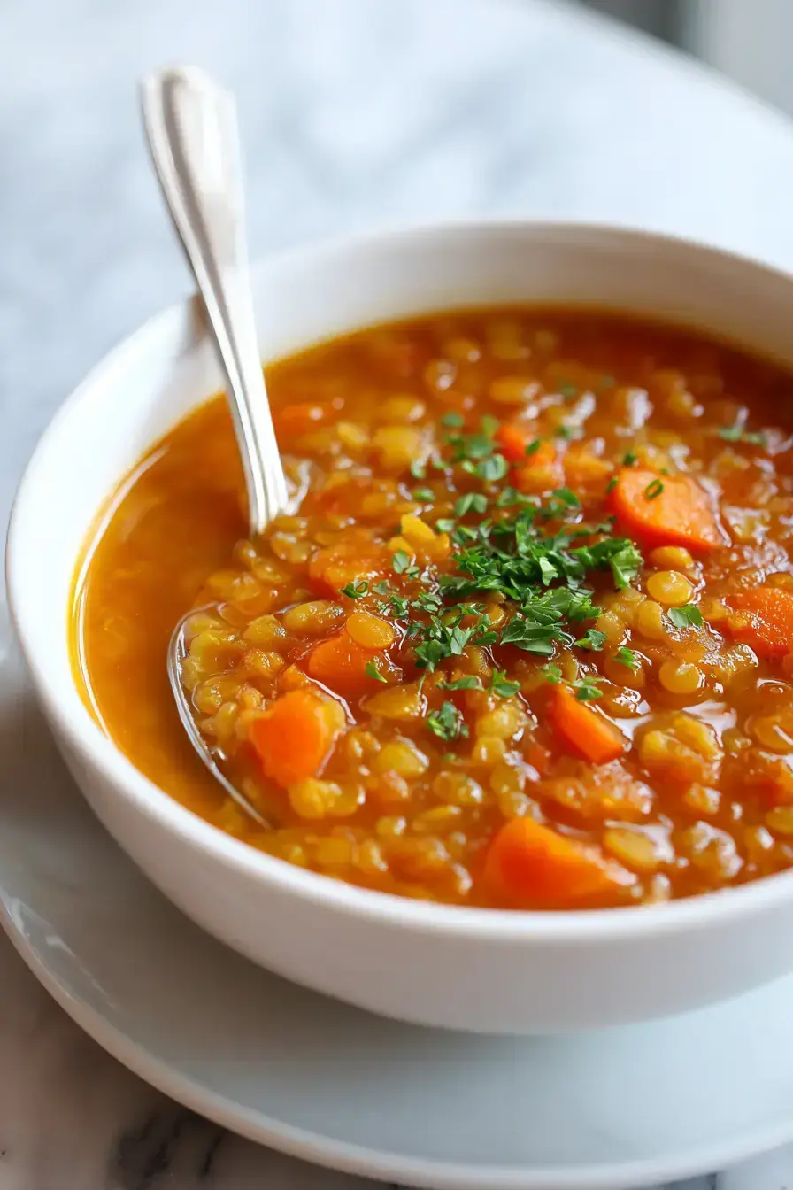 Carrot lentil soup served with crusty bread and fresh parsley garnish