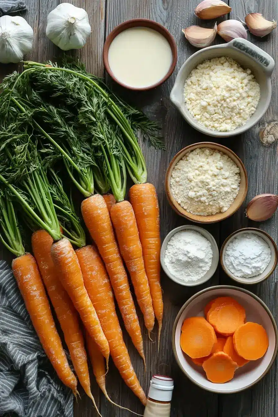 Fresh ingredients for an easy carrot souffle recipe laid out on a rustic table