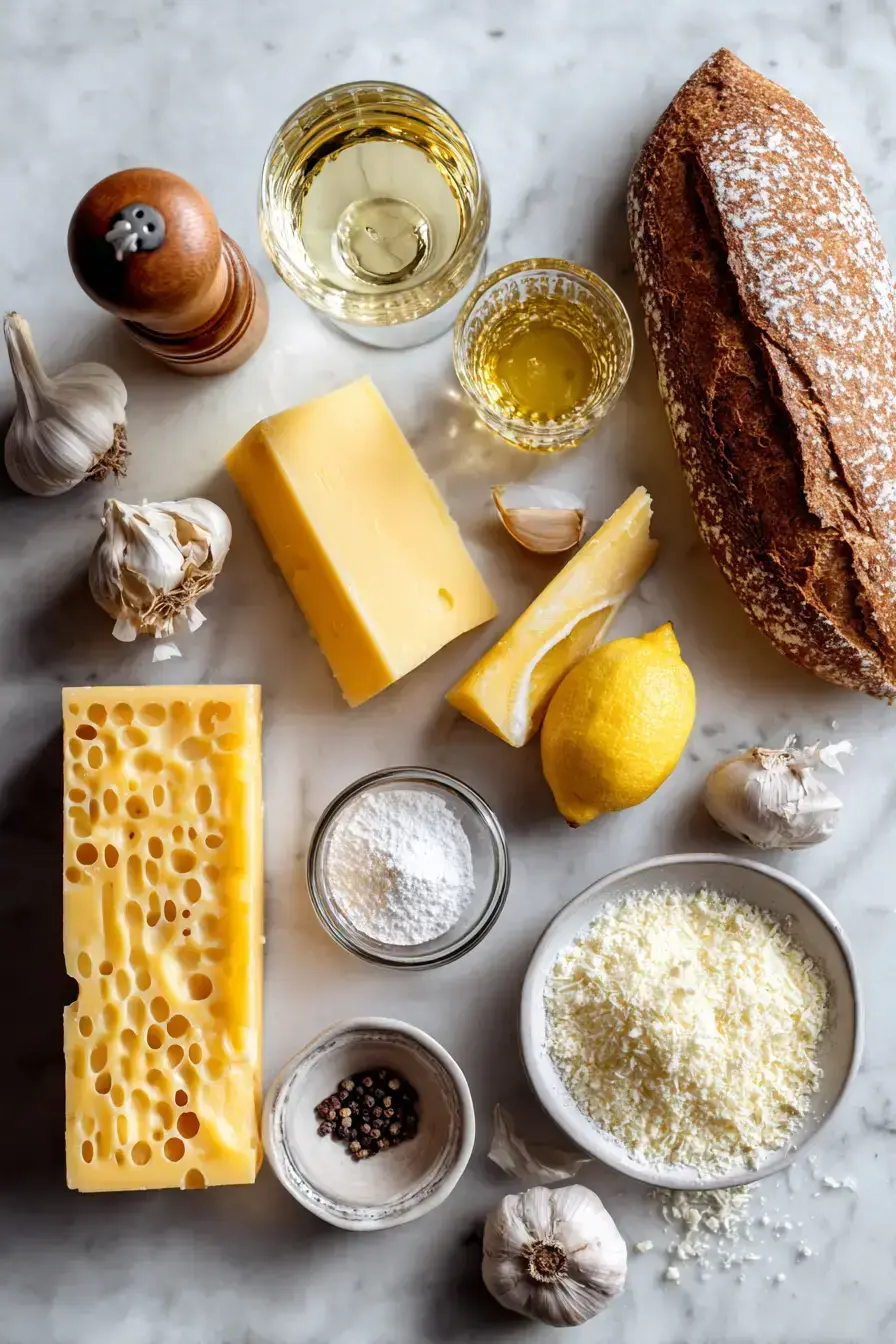 Cheese Fondue ingredients laid out for preparation