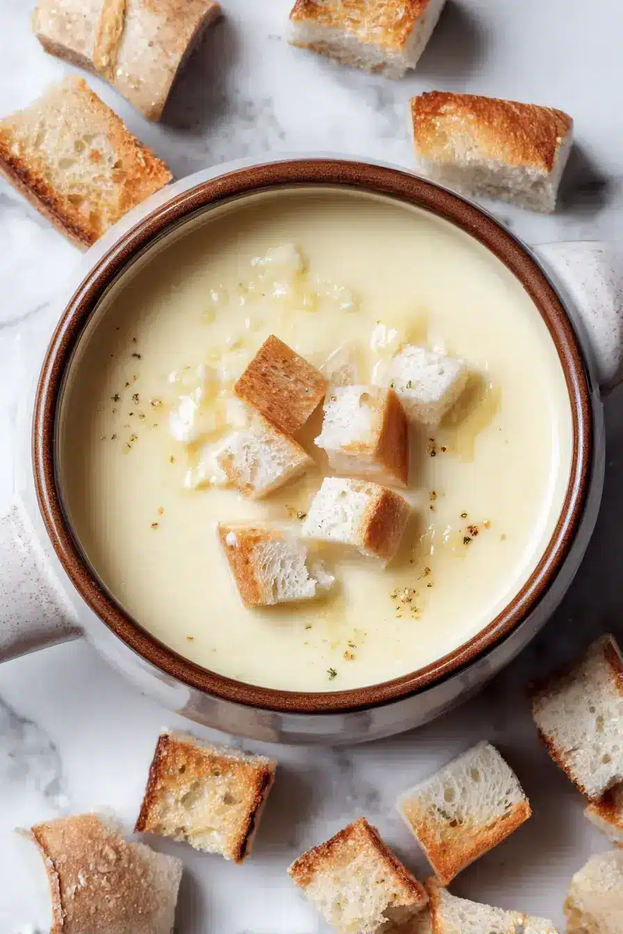 Cheese Fondue serving with assorted dippers