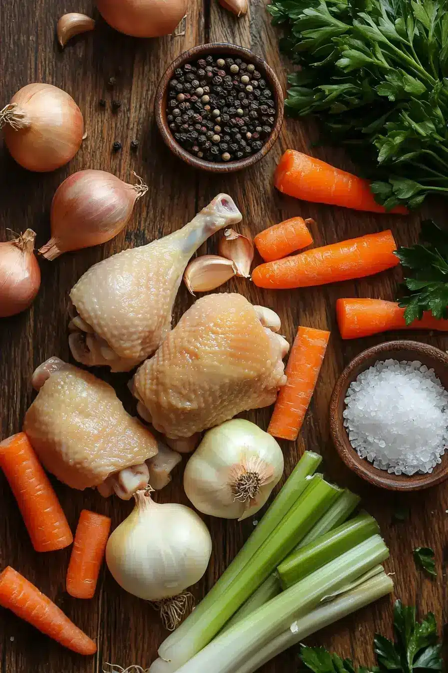 Fresh chicken broth ingredients laid out on a rustic wooden table