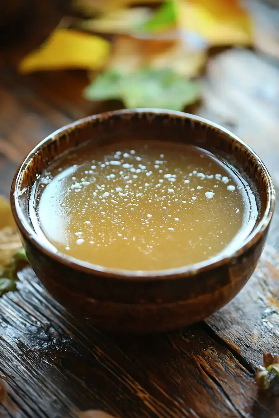 A warm mug of golden chicken broth served with a fresh herb garnish