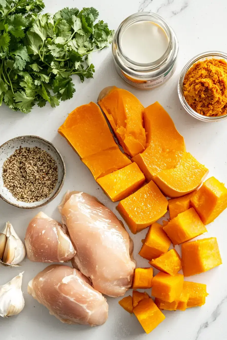 Fresh ingredients for making Chicken Butternut Squash Curry on a wooden table