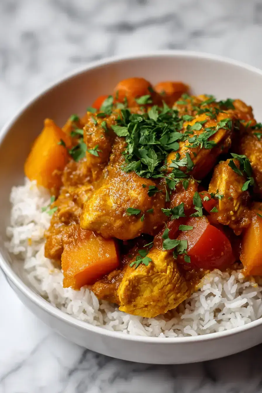 Beautifully plated Chicken Butternut Squash Curry with rice and fresh cilantro garnish