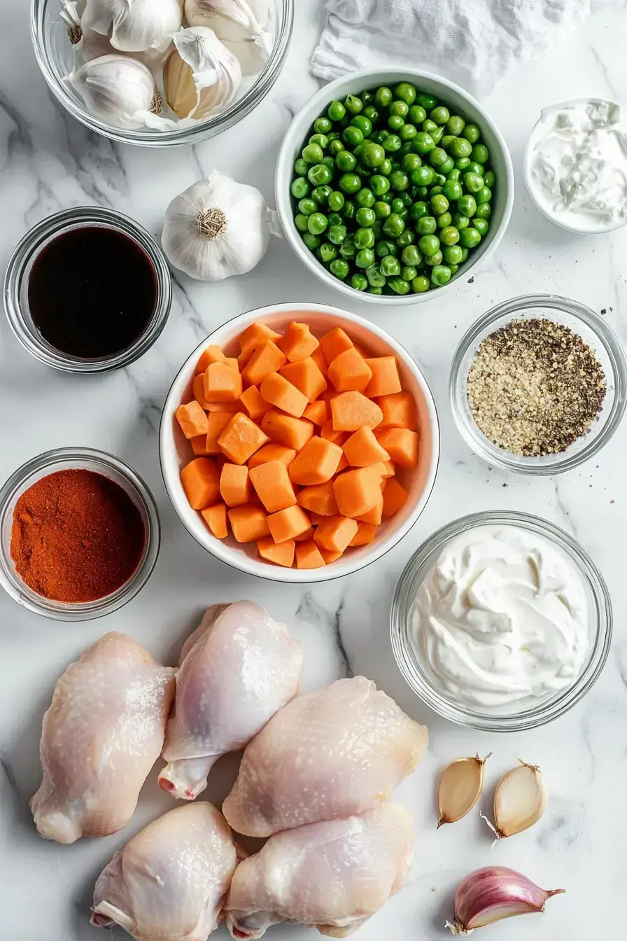 All the ingredients for a creamy chicken casserole laid out on a kitchen counter