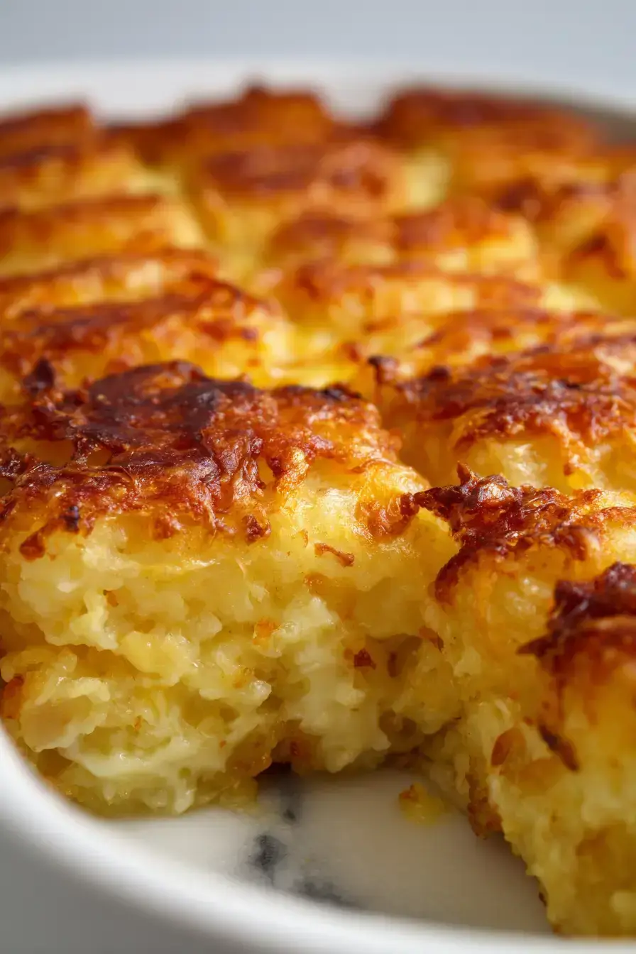 Golden brown chicken casserole served on plates with fresh salad and crusty bread