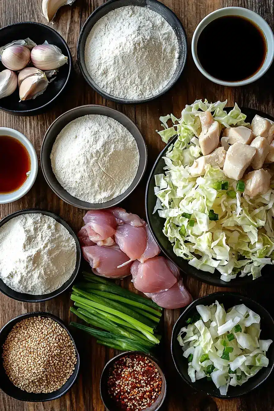 Ingredients arranged for making chicken dumplings recipe