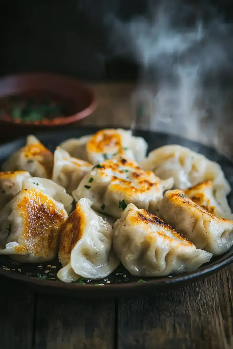Beautifully plated chicken dumplings recipe with dipping sauce and fresh garnish