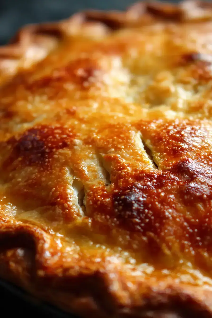 Beautifully plated slice of chicken leek pie with fresh herbs and vegetables