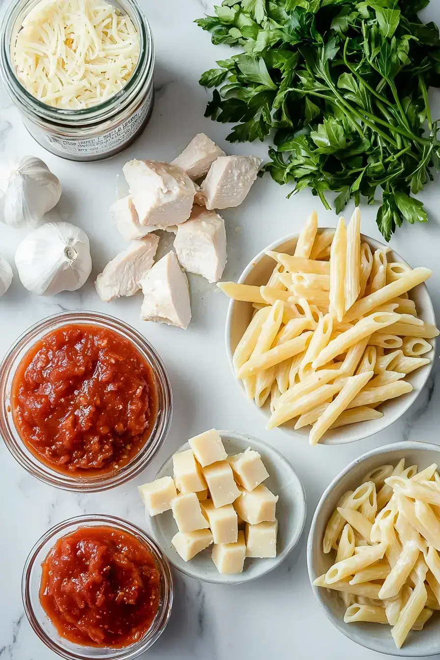 Ingredients for Chicken Pasta Bake laid out on a kitchen counter