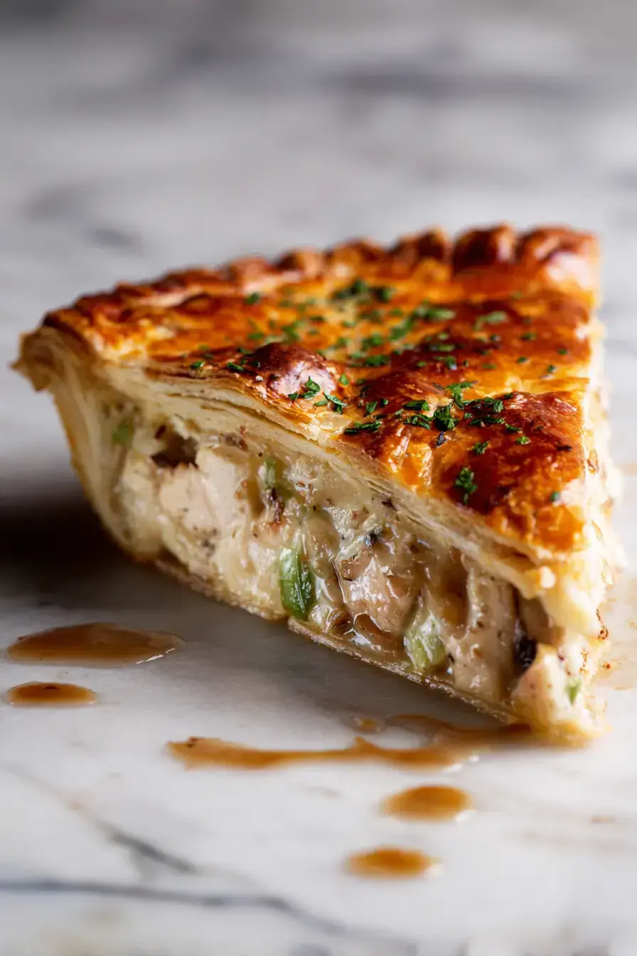 Golden brown chicken pie recipe served fresh with a side of green salad