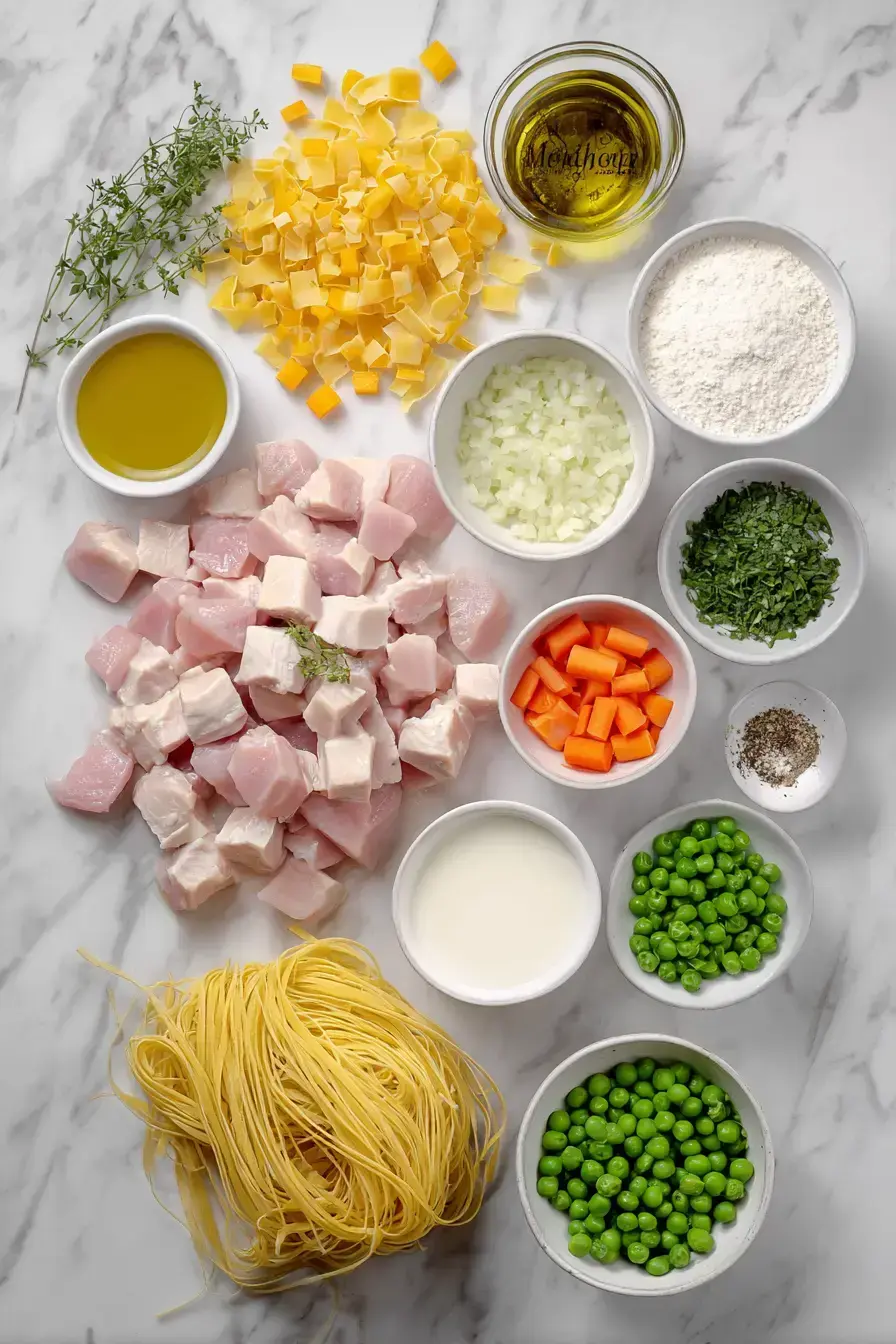 Ingredients for making homemade Chicken Pot Pie Noodles on a counter