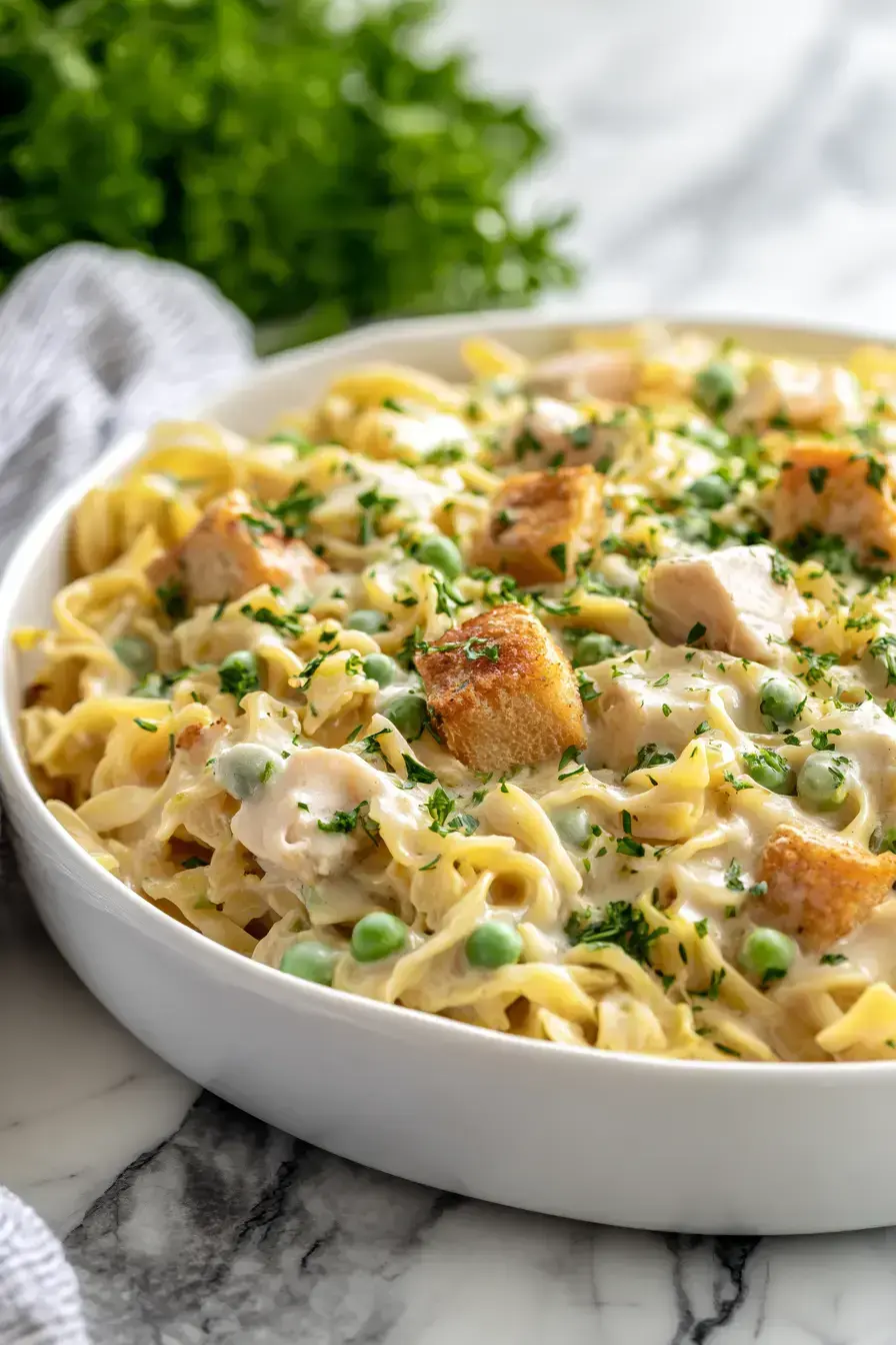 Serving suggestions for chicken pot pie noodles with fresh salad and crusty bread