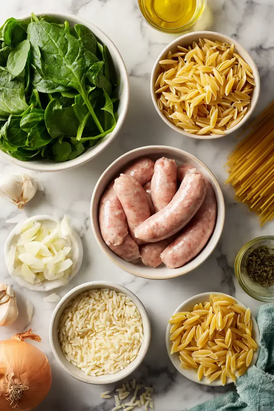 Chicken Sausage Orzo ingredients laid out for cooking
