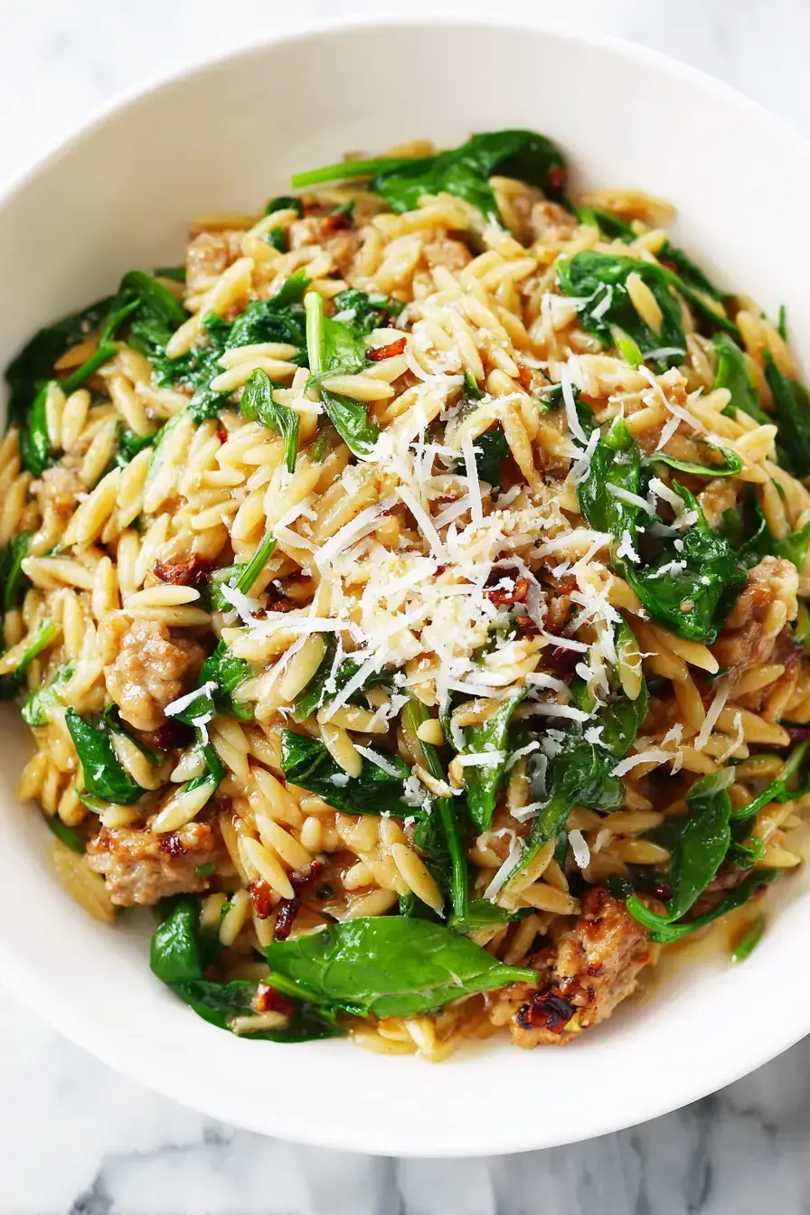 Chicken Sausage Orzo plated with Parmesan and herbs
