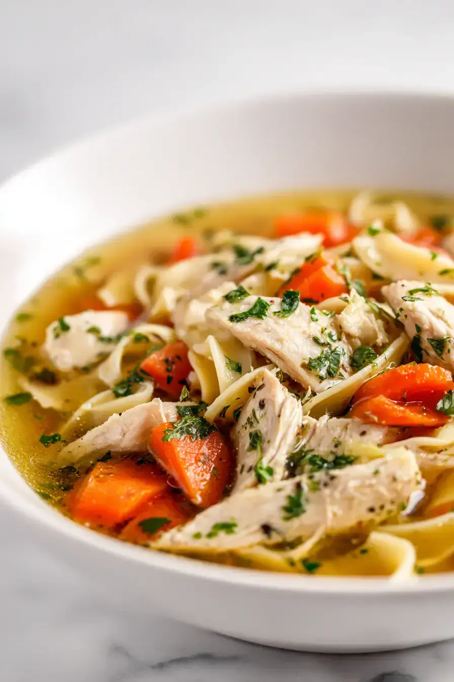 Elisson's classic chicken soup served in a rustic bowl with fresh herbs