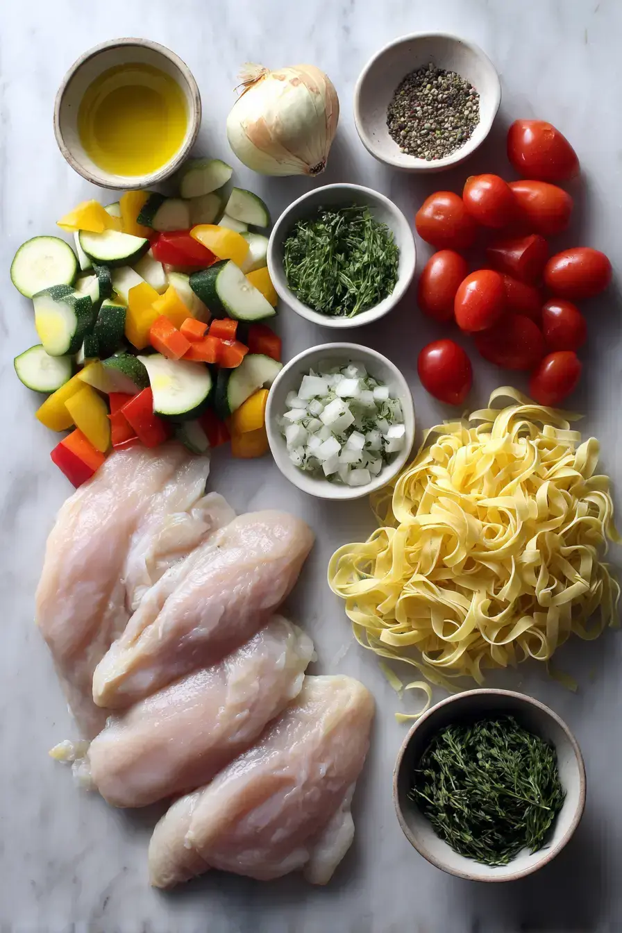 Fresh ingredients for a Chicken Soup Recipe laid out on a kitchen counter