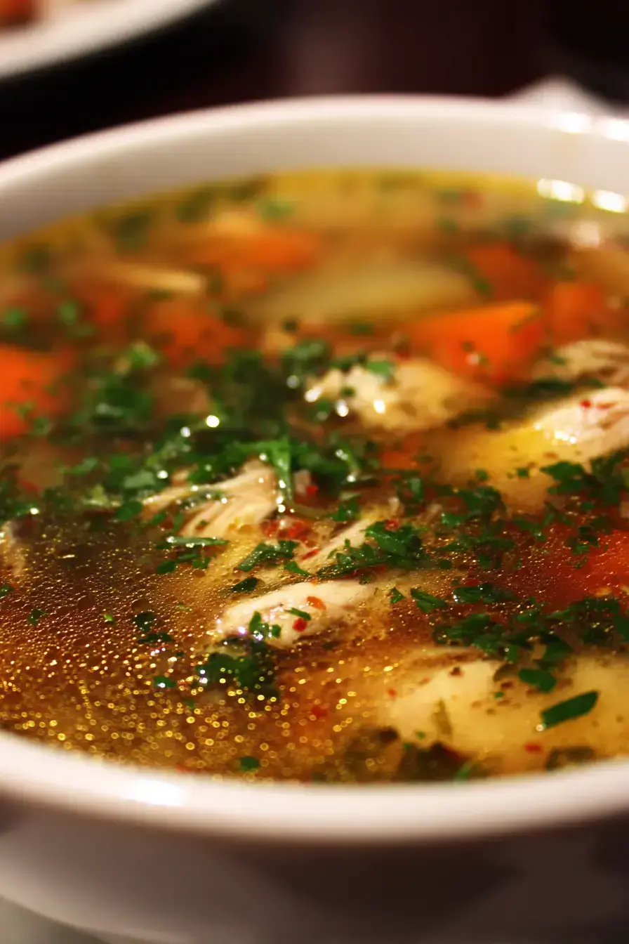 Beautifully served chicken soup recipe in a ceramic bowl with fresh herbs