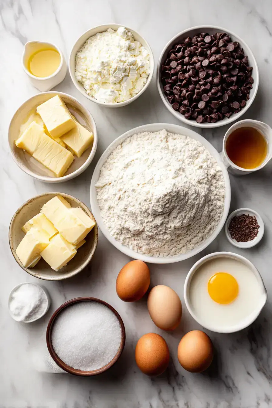 All ingredients for chocolate chip bread laid out on a rustic kitchen counter