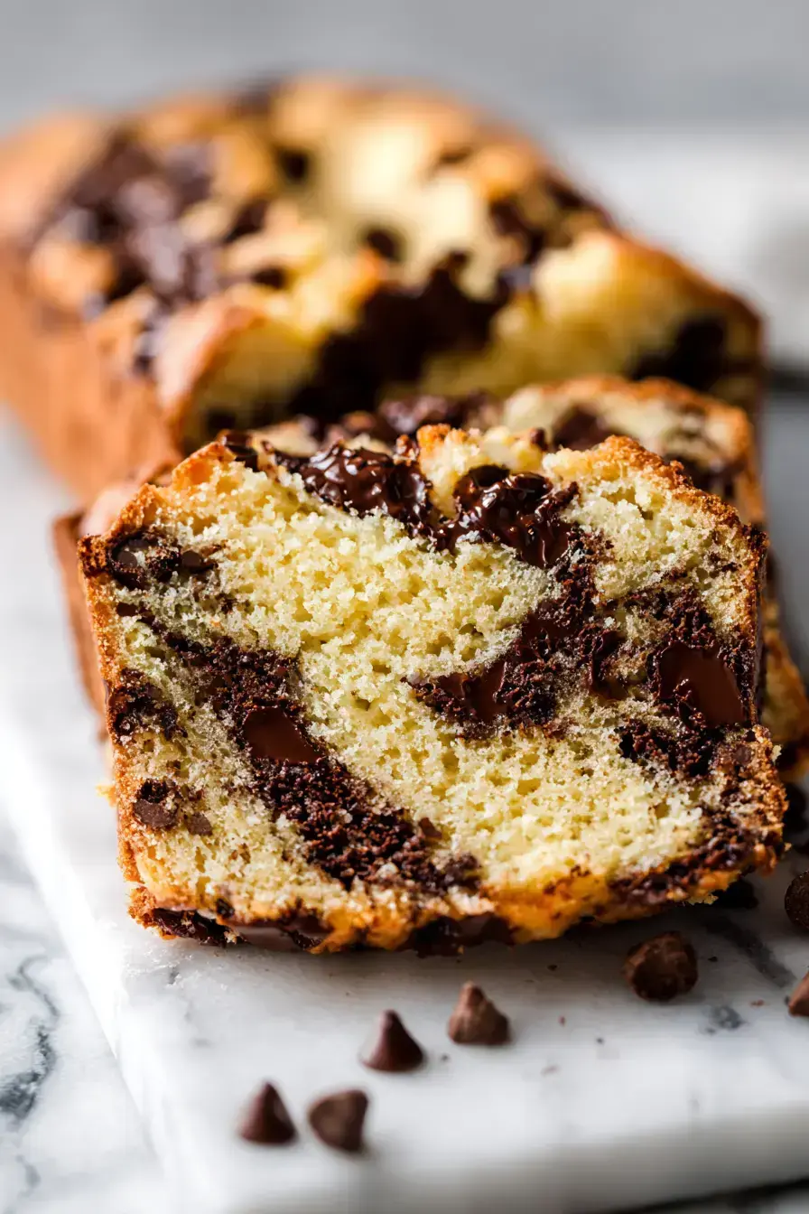 Slices of chocolate chip bread arranged on a rustic plate with coffee