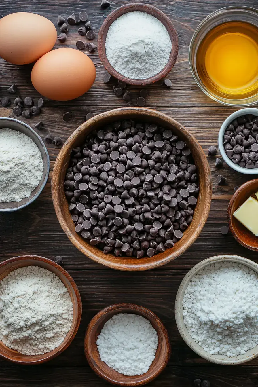 Ingredients for fluffy Chocolate Chip Pancakes laid out on a kitchen counter