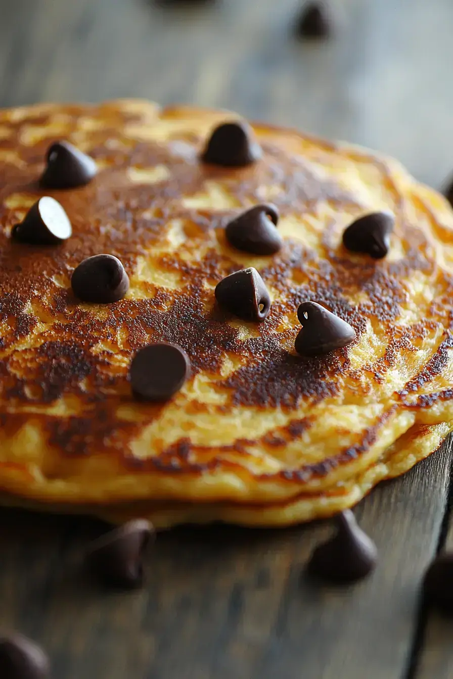 A beautifully plated stack of Chocolate Chip Pancakes with syrup and fresh berries
