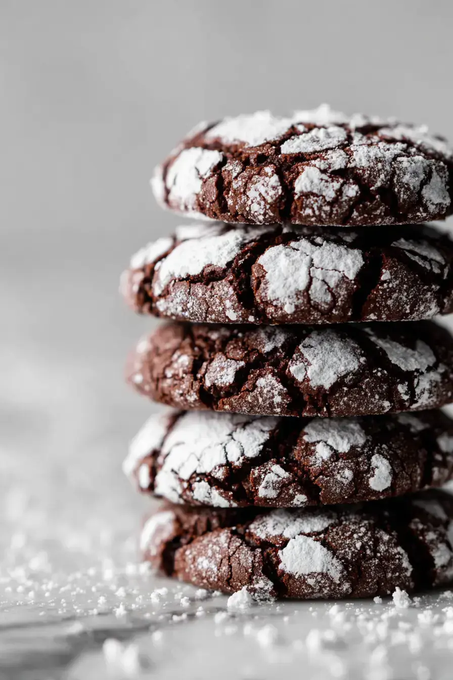 Beautifully arranged chocolate crinkle cookies on a festive serving platter with holiday decorations