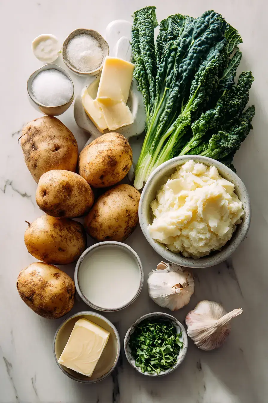 Fresh ingredients laid out for making this Colcannon Mashed Potatoes recipe