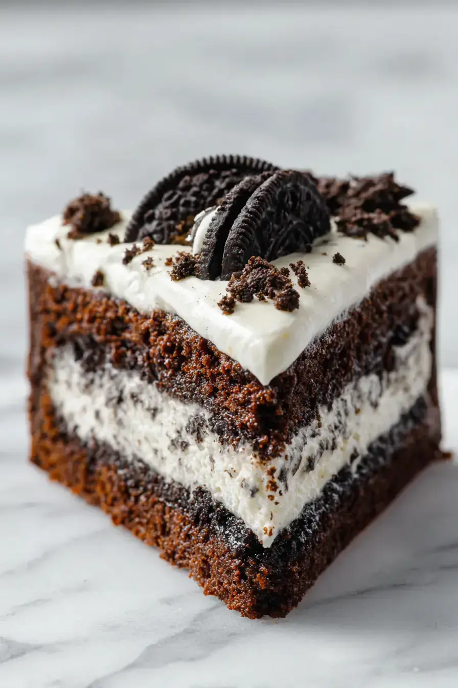 Cookie Brownie Oreo Stack Cake serving step