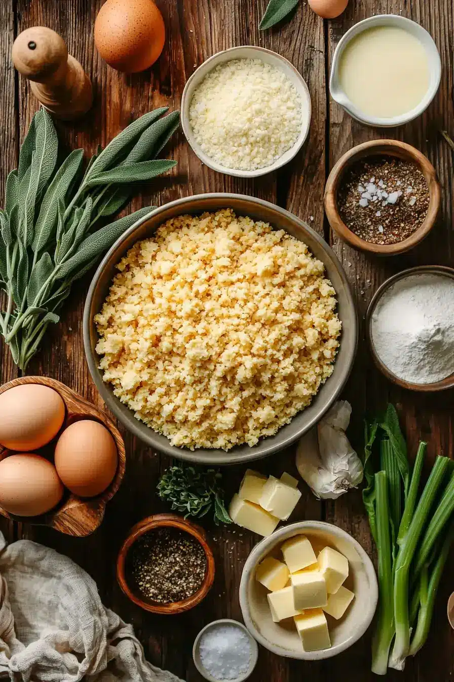 Assembled ingredients for classic cornbread dressing recipe