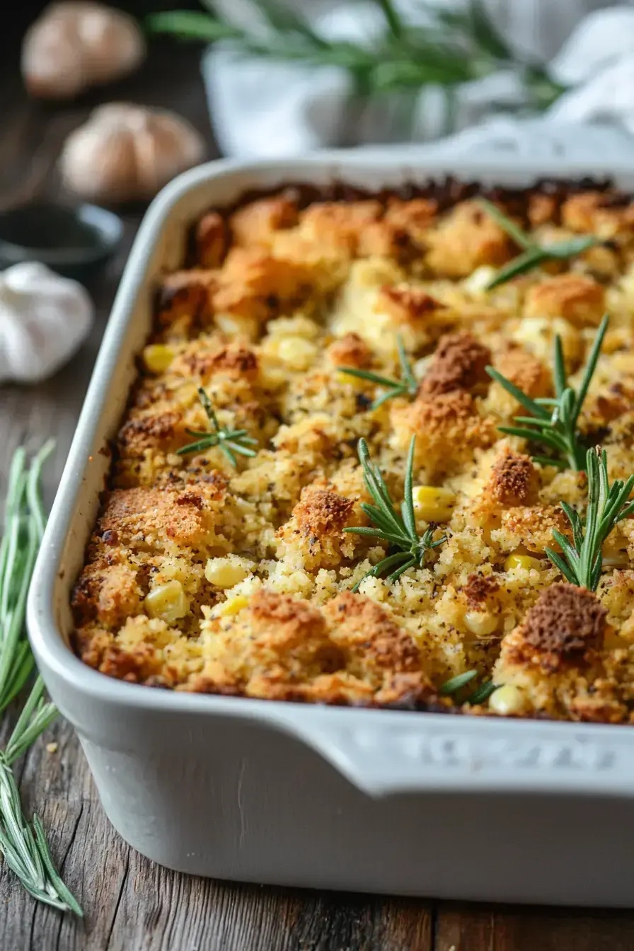 Beautifully served cornbread dressing on a holiday table with other sides