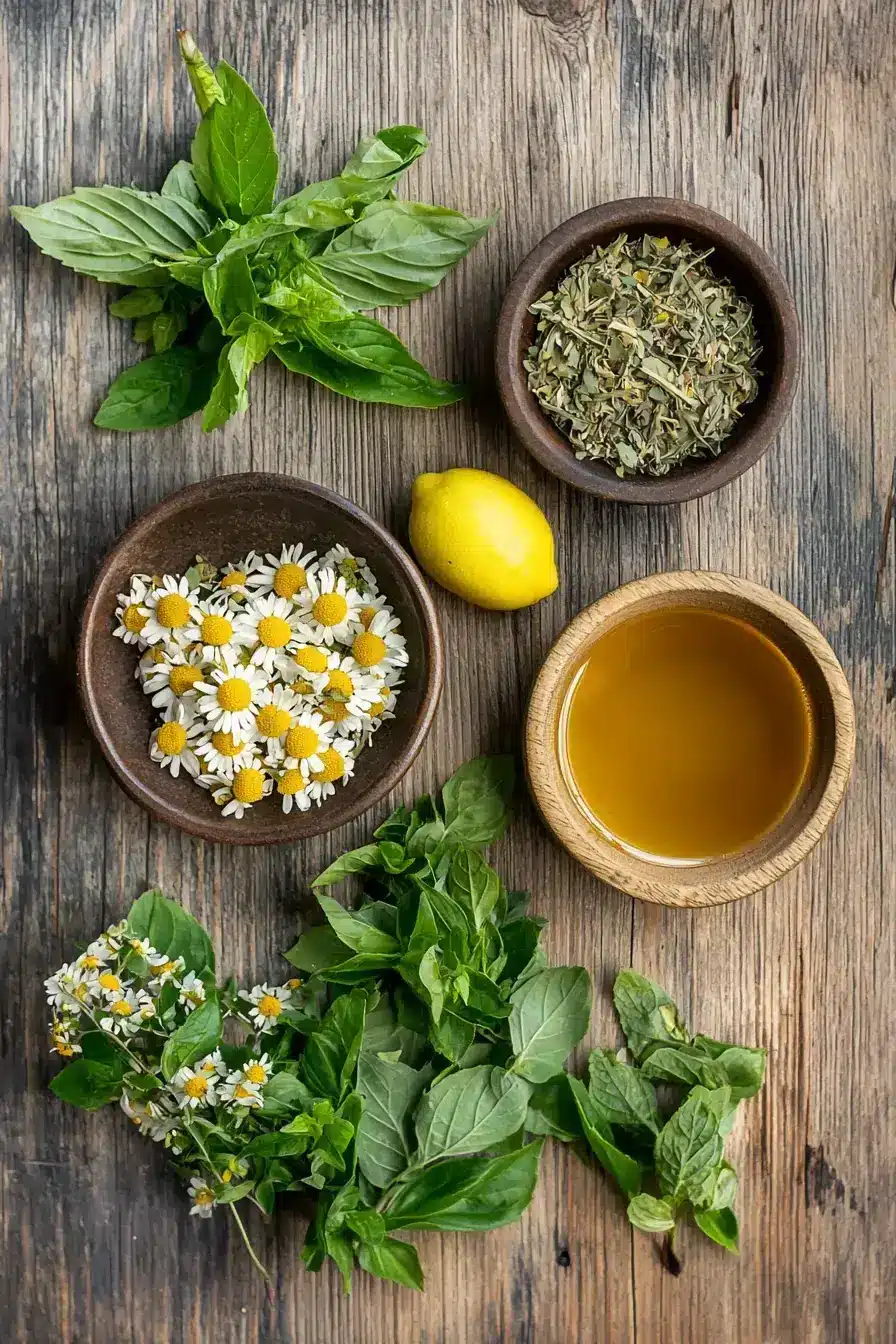 All the dried herbs and ingredients laid out for making Cortisol Tea